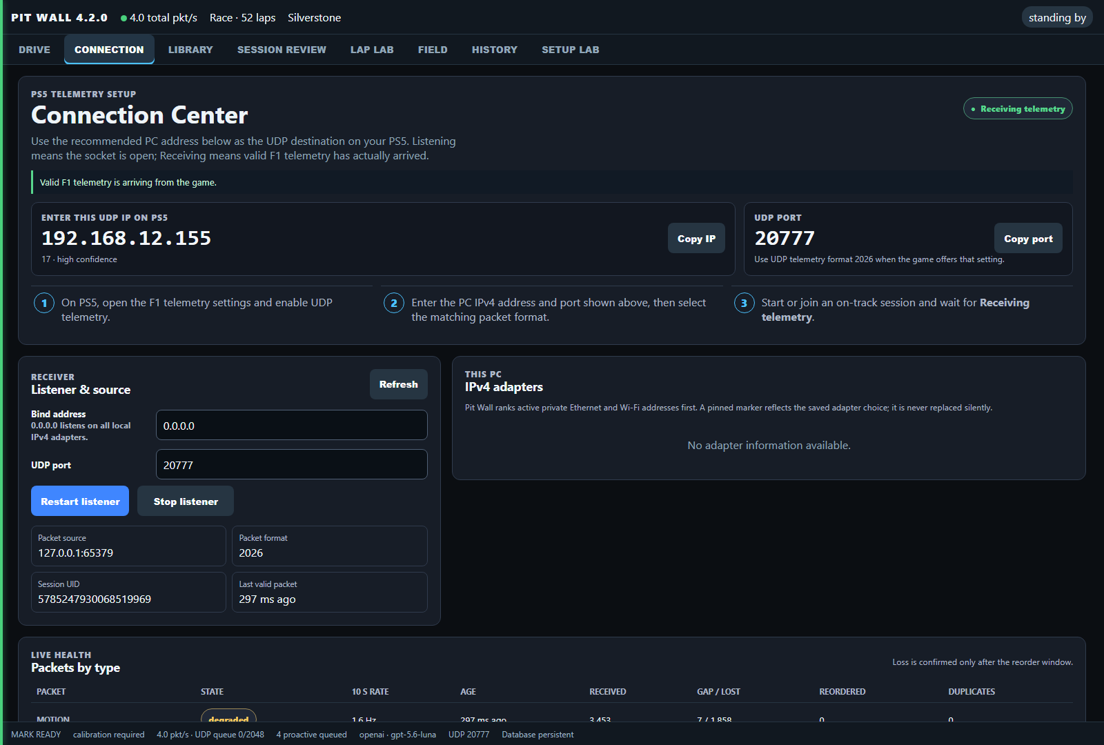 The Connection Center showing a receiving state, the recommended console IP address, and ranked network adapters with reasons.