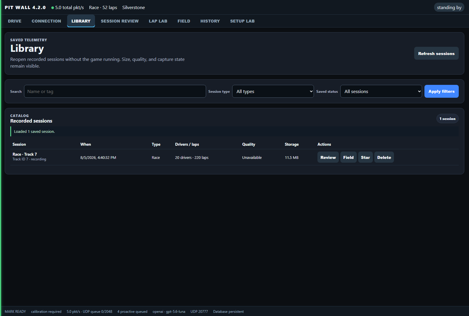 The Library listing saved sessions with size, trace state and per-session actions.