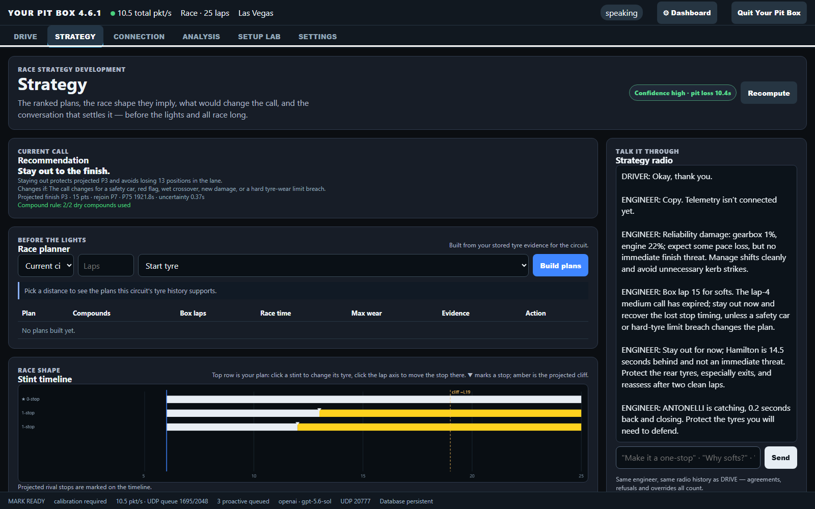 The Strategy workspace: current recommendation with confidence, a click-editable stint timeline with the tyre cliff marked, and the engineer's strategy radio conversation.
