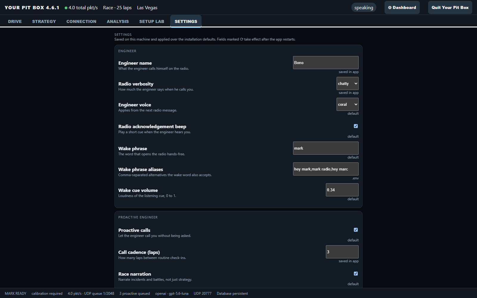 The Settings page with engineer, proactive radio, telemetry storage and application settings, each showing where its current value comes from.
