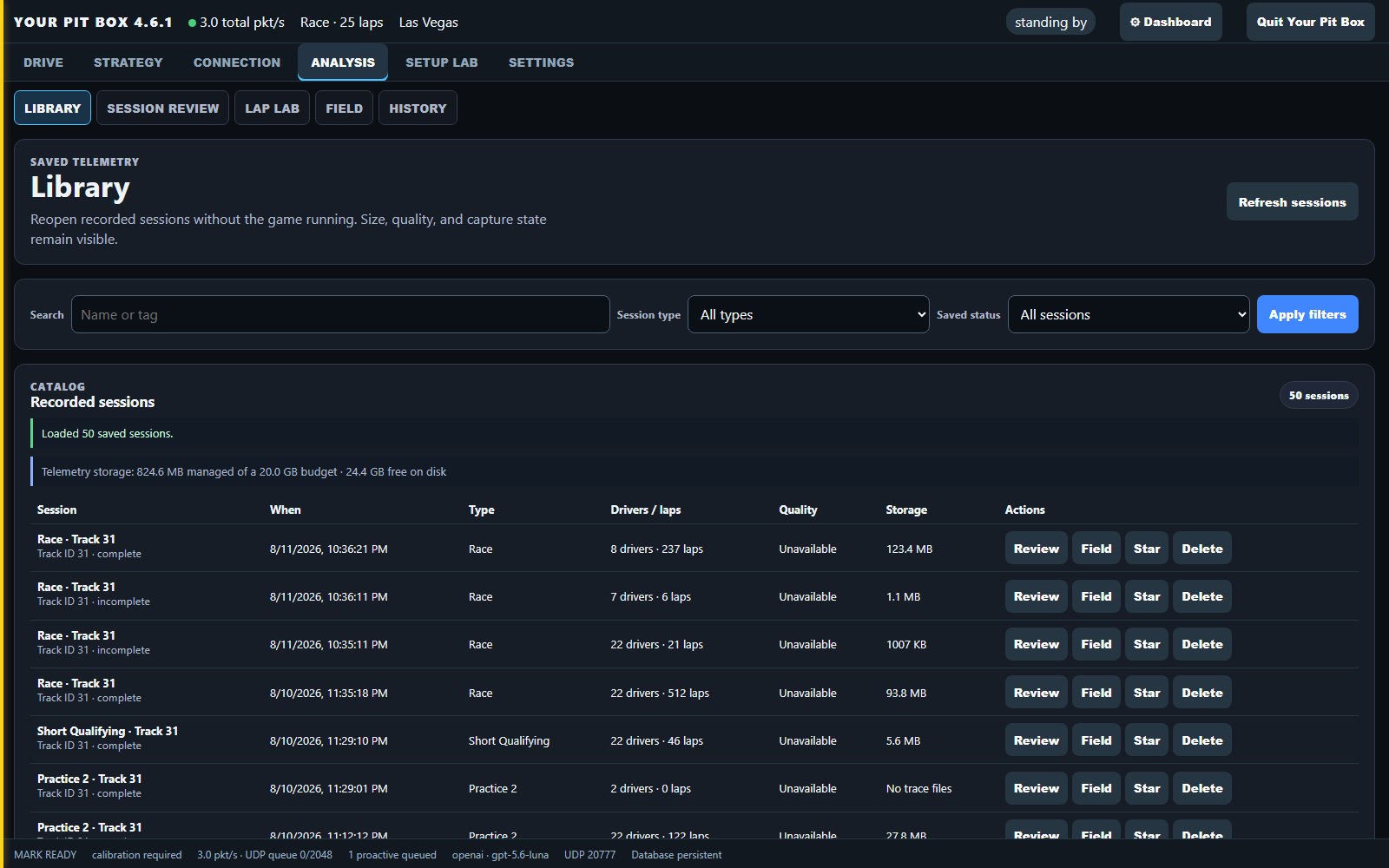 The Library listing fifty saved sessions with size, quality and per-session actions, plus the telemetry storage budget.
