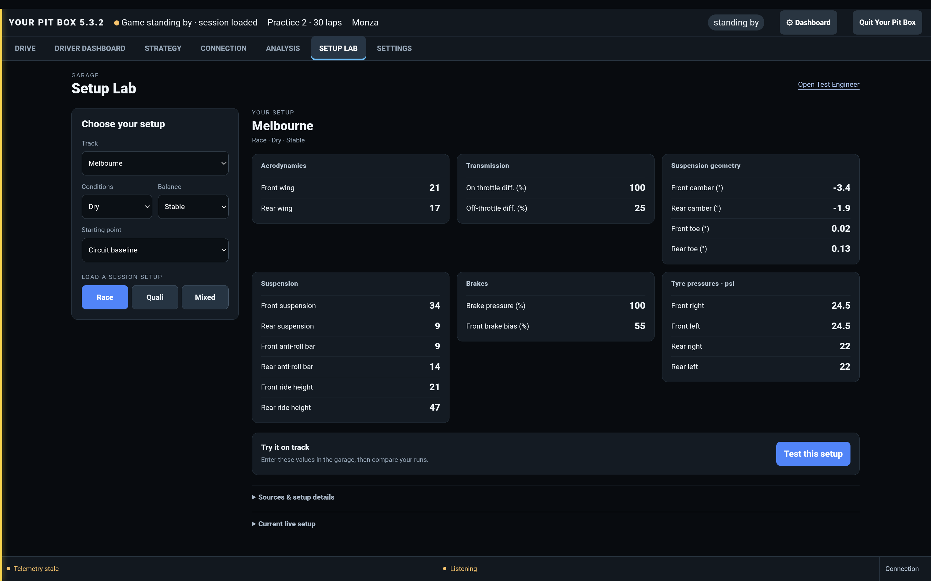 Setup Lab 5.3.2 on an Android tablet, with circuit and balance choices beside six aligned groups of garage settings.